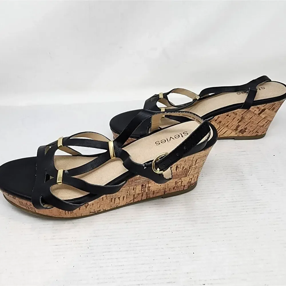 Stevies Black Cork Wedge Sandals‎ Strappy Low Platform Wedge Women's Gift Size 4